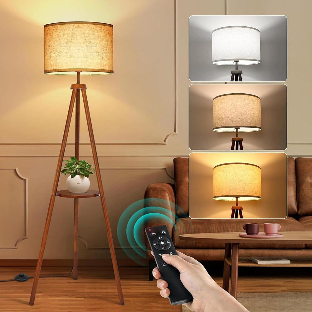 OUTON Wood Tripod Floor Lamp with Shelves, Mid Century LED Modern Dimmable Fl...