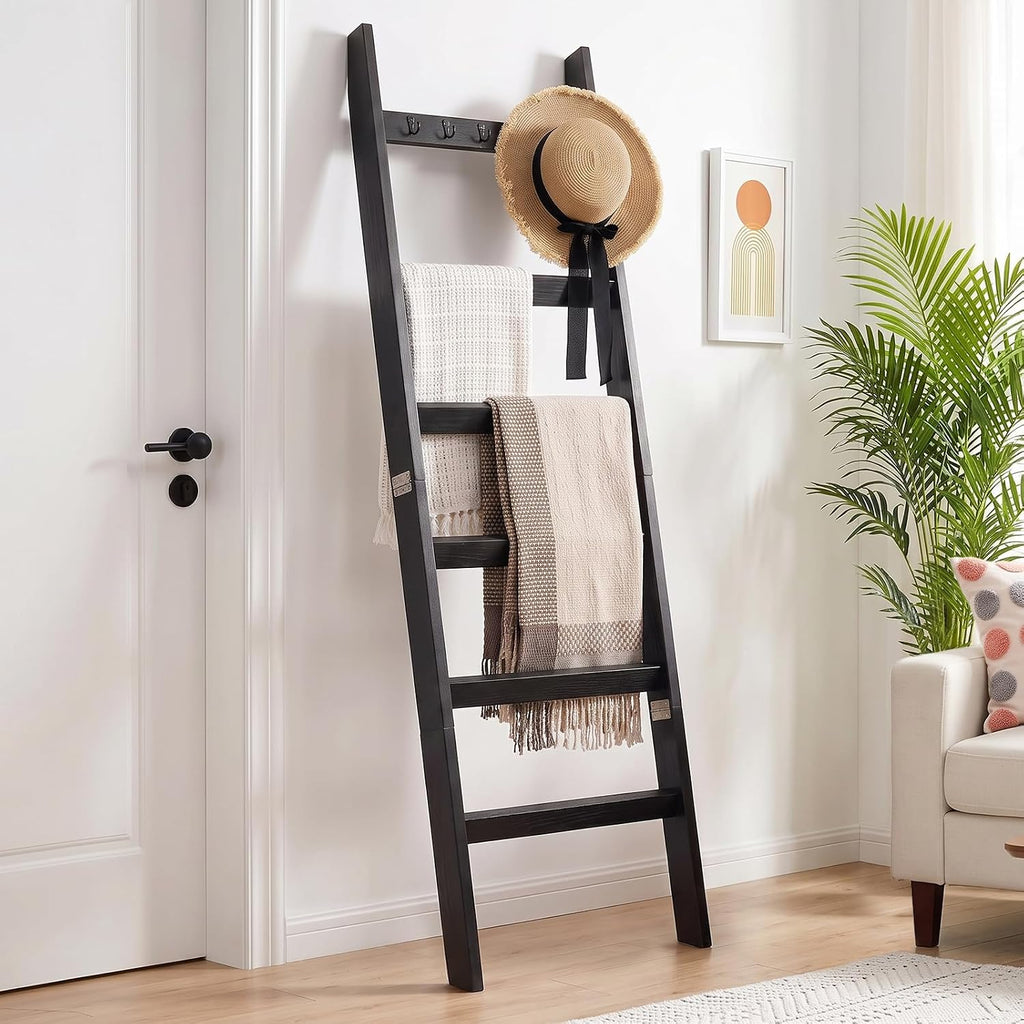 TEAKMAMA 6-Tier 5.4ft Blanket Ladder with Hooks Farmhouse Black | Wall Leaning Solid Wood Quilt Rack, Scratch & Slip Resistant, Living Room Bedroom Bathroom, Christmas Decor, Quick Setup