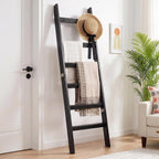 TEAKMAMA 6-Tier 5.4ft Blanket Ladder with Hooks Farmhouse Black | Wall Leaning Solid Wood Quilt Rack, Scratch & Slip Resistant, Living Room Bedroom Bathroom, Christmas Decor, Quick Setup