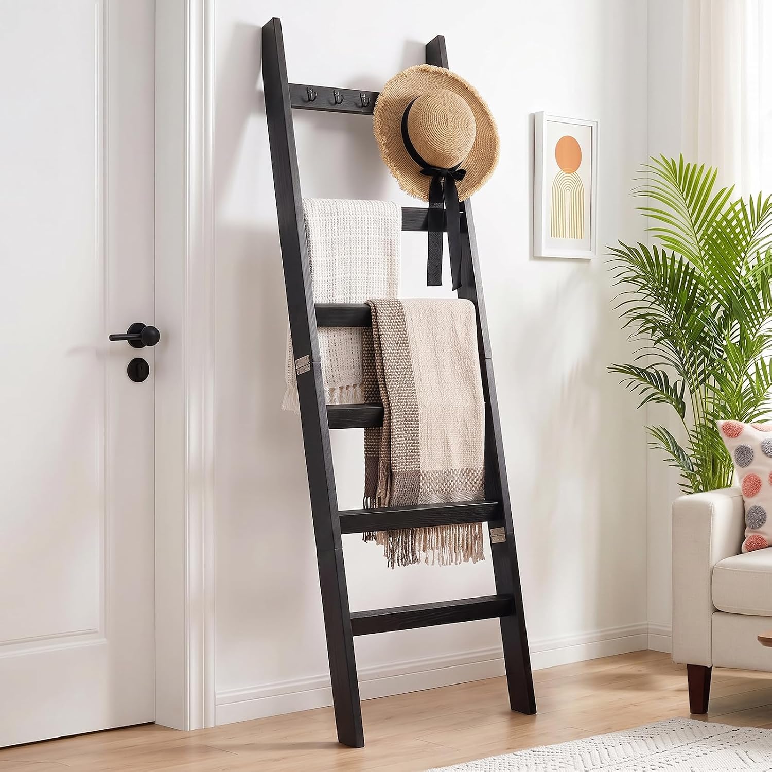 TEAKMAMA 6-Tier 5.4ft Blanket Ladder with Hooks Farmhouse Black | Wall Leaning Solid Wood Quilt Rack, Scratch & Slip Resistant, Living Room Bedroom Bathroom, Christmas Decor, Quick Setup
