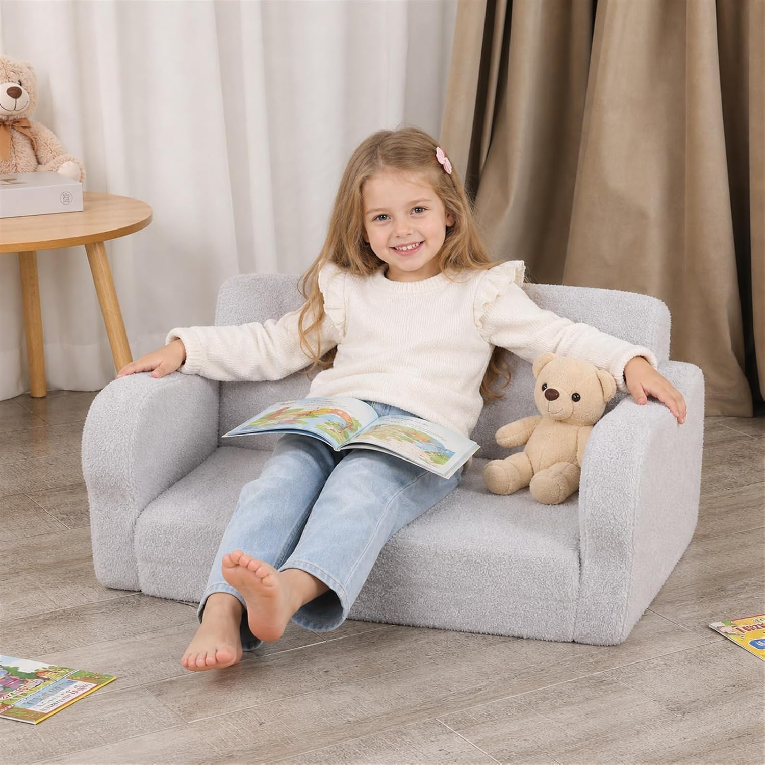 Extra Wide Toddler Couch, Foldable Kids Sofa to Lounger, Grey | Toddler Chair Fold Out, Reading & Playing, Living Room Playroom, Boys & Girls, Lightweight, Removable Washable Cover