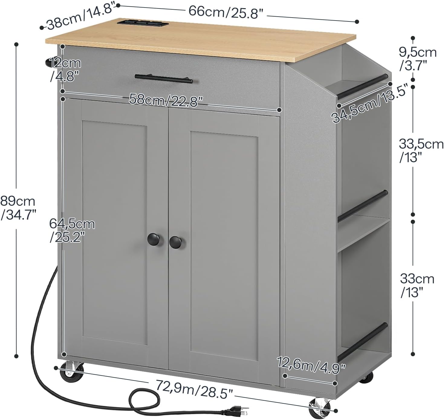 HOOBRO Kitchen Island with Power Outlet, Storage Island with Spice Rack and Drawer, Rolling Kitchen Cart on Wheels, for Home, Dining Room, Natural and Gray GN82UZD01