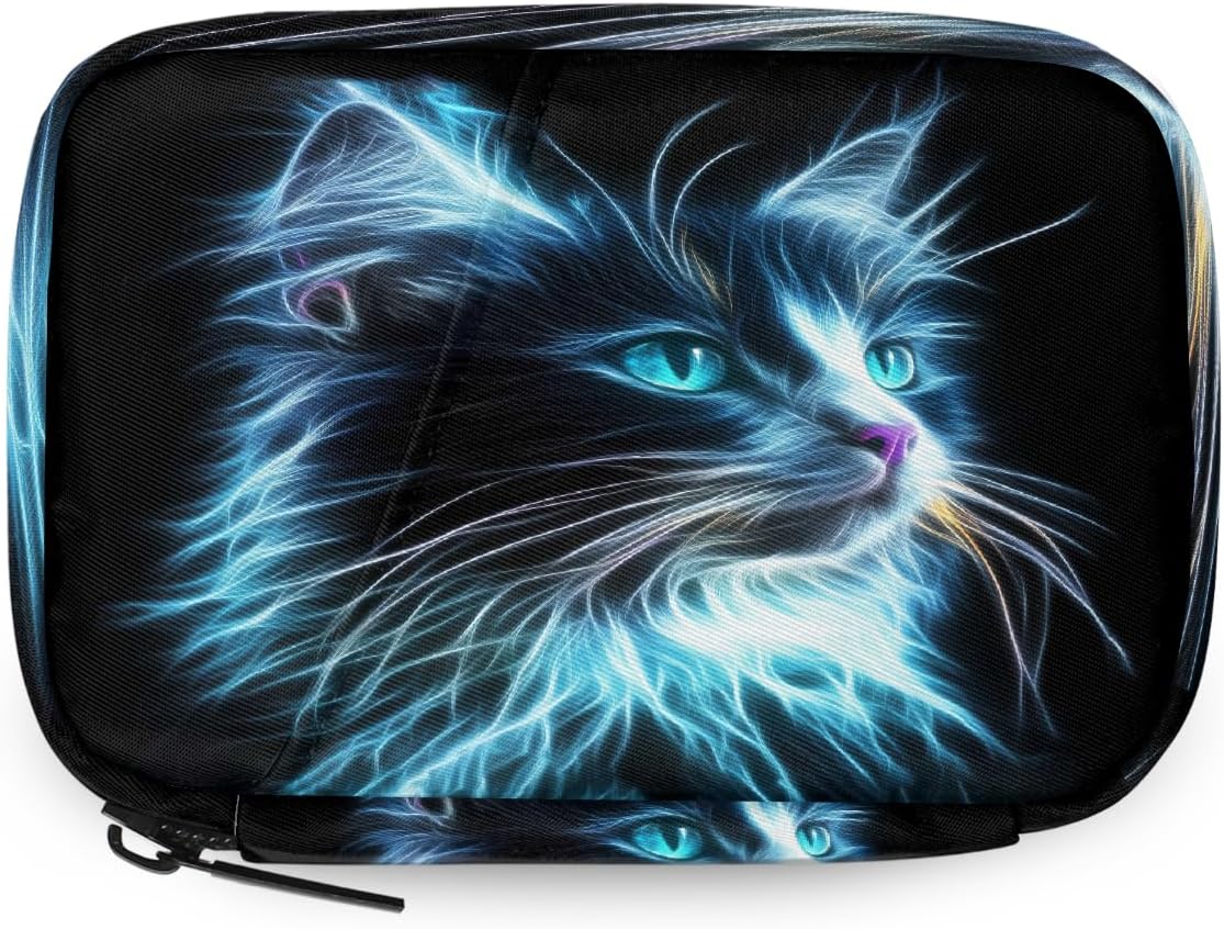Abstract Art Neon Cat Pill Organizer Travel Medicine Case with Zipper Daily Vitamin Storage Bag Portable 8 Slot Weekly Pill Box Supplement Holder for Home Office Gym Travel