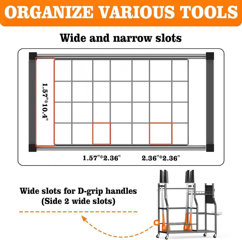 Large Garden Tool Organizer, 36" L x 37.25" H Metal Yard Tool Storage Rack with Multi Tier Shelves, Long-Handle Tool Holder with Wide & Narrow Slots, Hooks & Storage Pockets for Garage