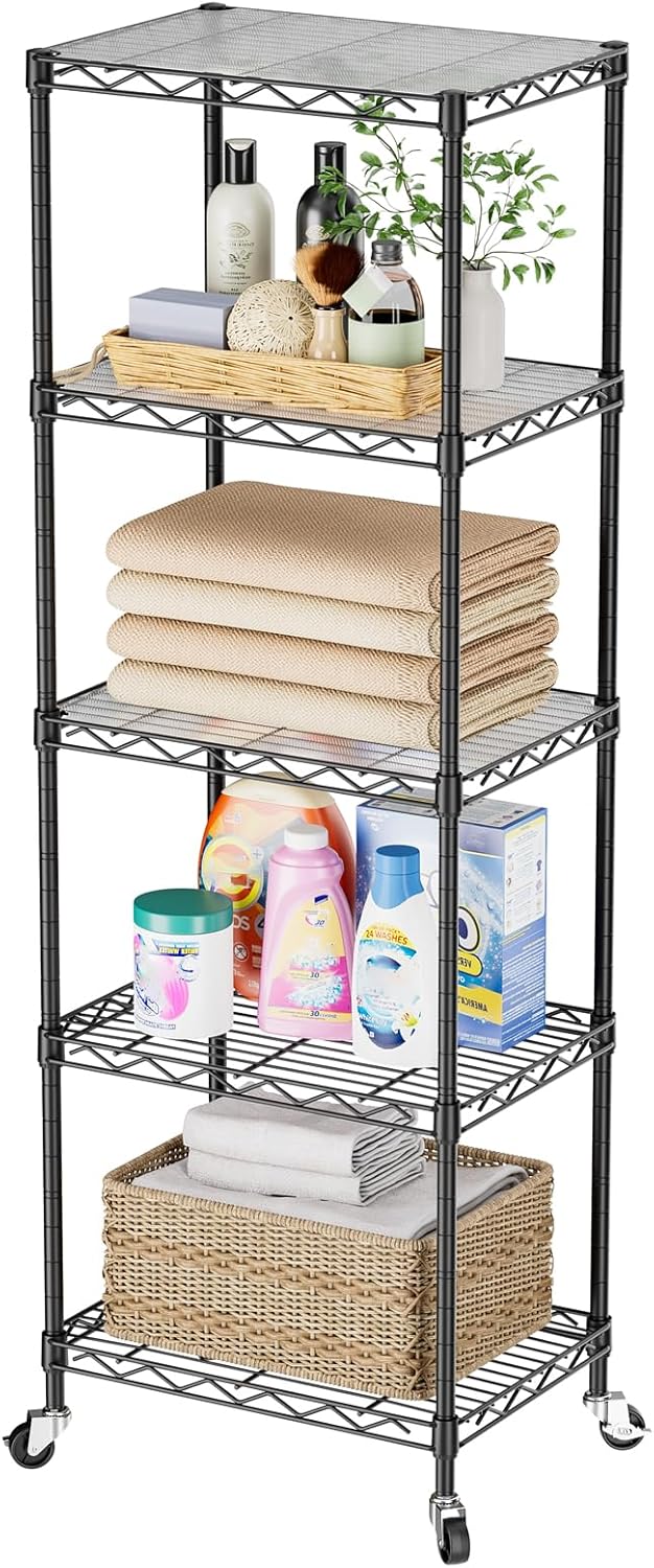 SINGAYE Shelf Closet Wire Shelving：Adjustable Metal Unit for Laundry Room Organization Bathroom Kitchen Home Storage with Wheels Small Pantry Rack Shelves
