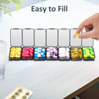 Fullicon Small Pill Case for Purse, Travel Medicine Pill Organizer, Weekly 7 Day Daily Pill Box, Pocket Pharmacy Pill Container Dispenser Holder with Labels (Black)