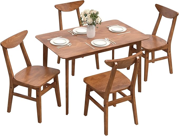 HOMCOM 5-Piece Solid Wood Dining Table Set for 4, Modern Farmhouse Kitchen Table and Chairs for Small Space, Dining Room, Breakfast Nook, Walnut