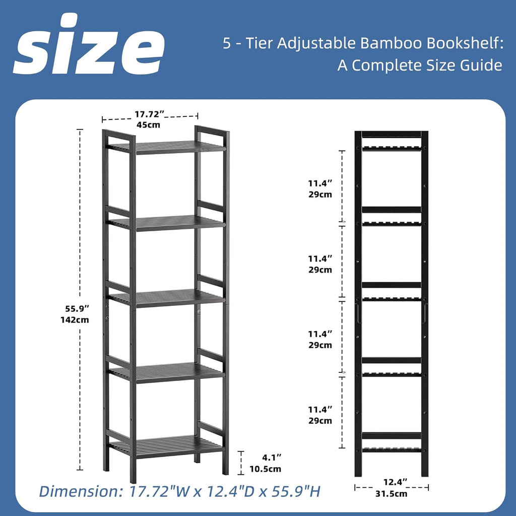 HITNET 5 Tier Narrow Bookshelf, Bamboo Bookcase, Slim Tall Storage Rack Free Standing Shelving Unit with Adjustable Shelves for Living Room Bedroom Bathroom, Black