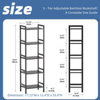 HITNET 5 Tier Narrow Bookshelf, Bamboo Bookcase, Slim Tall Storage Rack Free Standing Shelving Unit with Adjustable Shelves for Living Room Bedroom Bathroom, Black