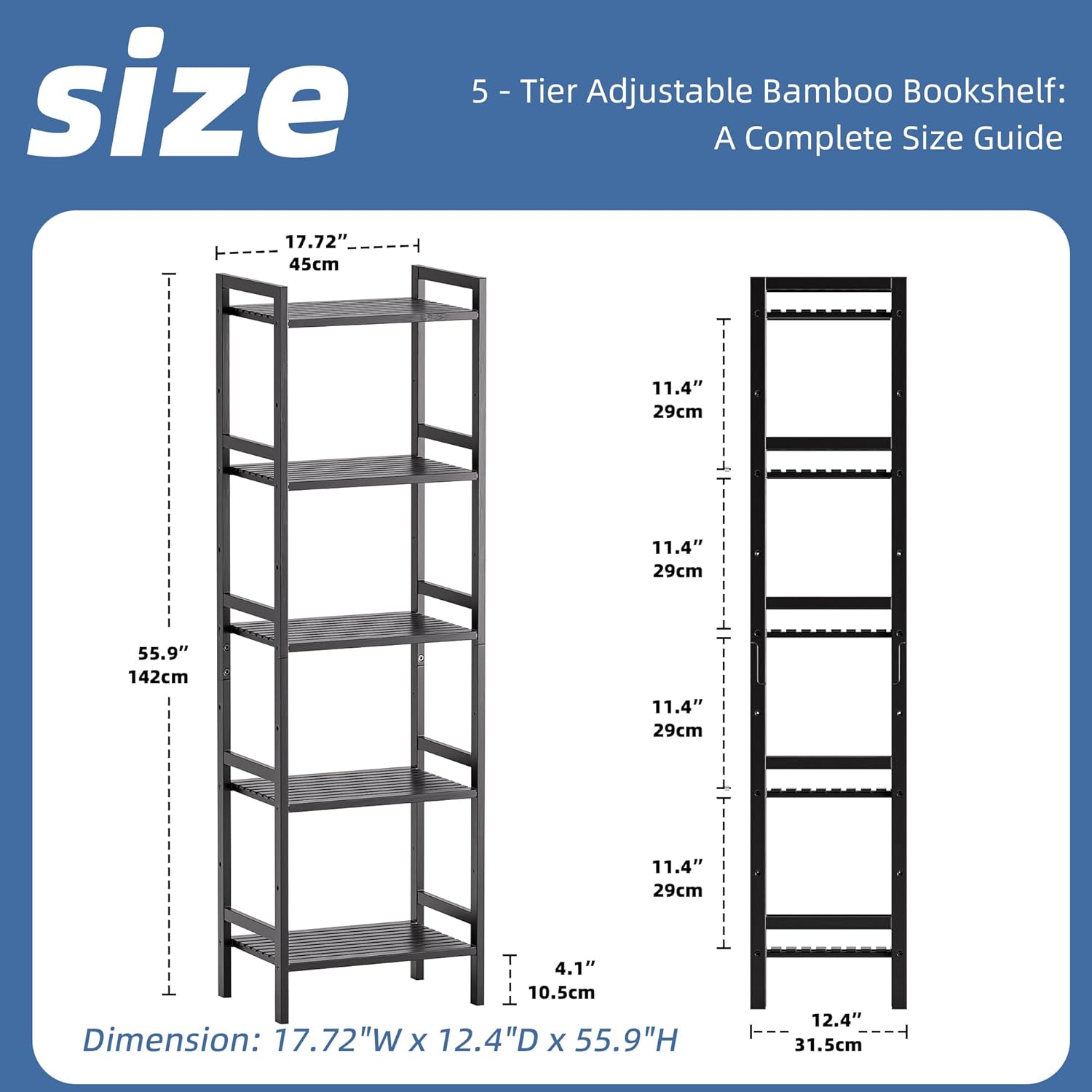 HITNET 5 Tier Narrow Bookshelf, Bamboo Bookcase, Slim Tall Storage Rack Free Standing Shelving Unit with Adjustable Shelves for Living Room Bedroom Bathroom, Black