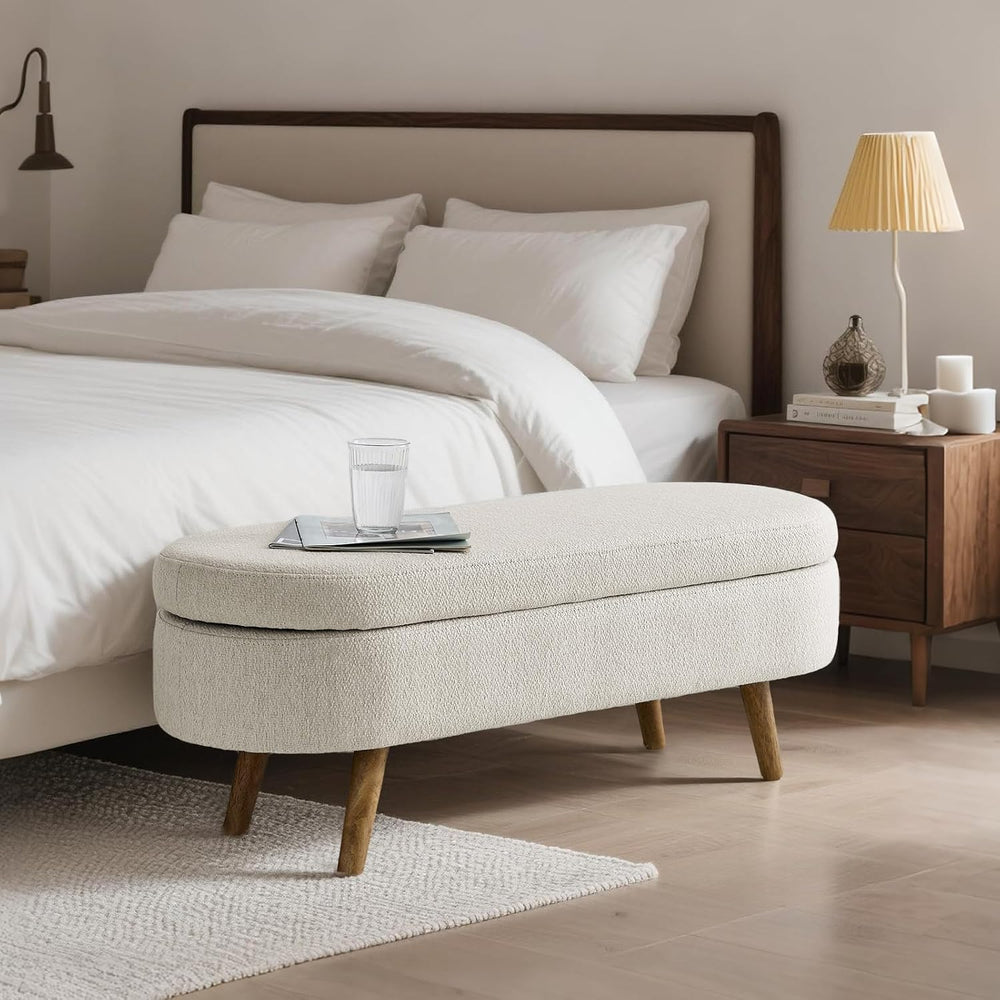 SoarFlash Ottoman Oval Storage Bench Linen Fabric Rubber Wood Legs（Beige）