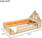 Twin Size Wood Floor Bed with Guardrail, House-Shaped Headboard and Cabinet (Natural)