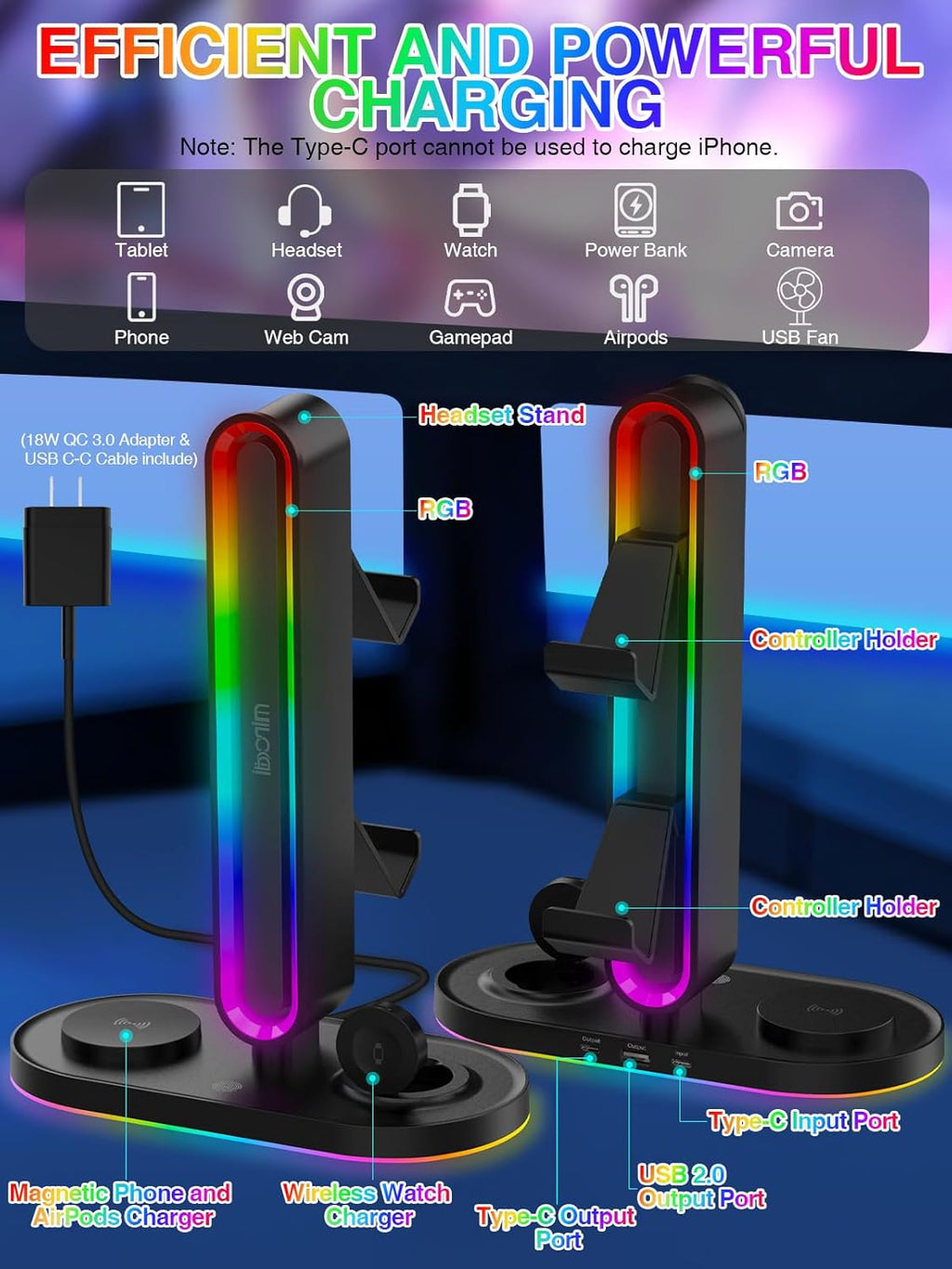 RGB Headset Stand with Wireless Charger, 8-in-1 Charging Station for iPhone, Samsung, Apple Watch Type-C/USB Ports, Gaming Headphone & Controllers Holder, Organizer for Desk Includes 20W PD Adapter