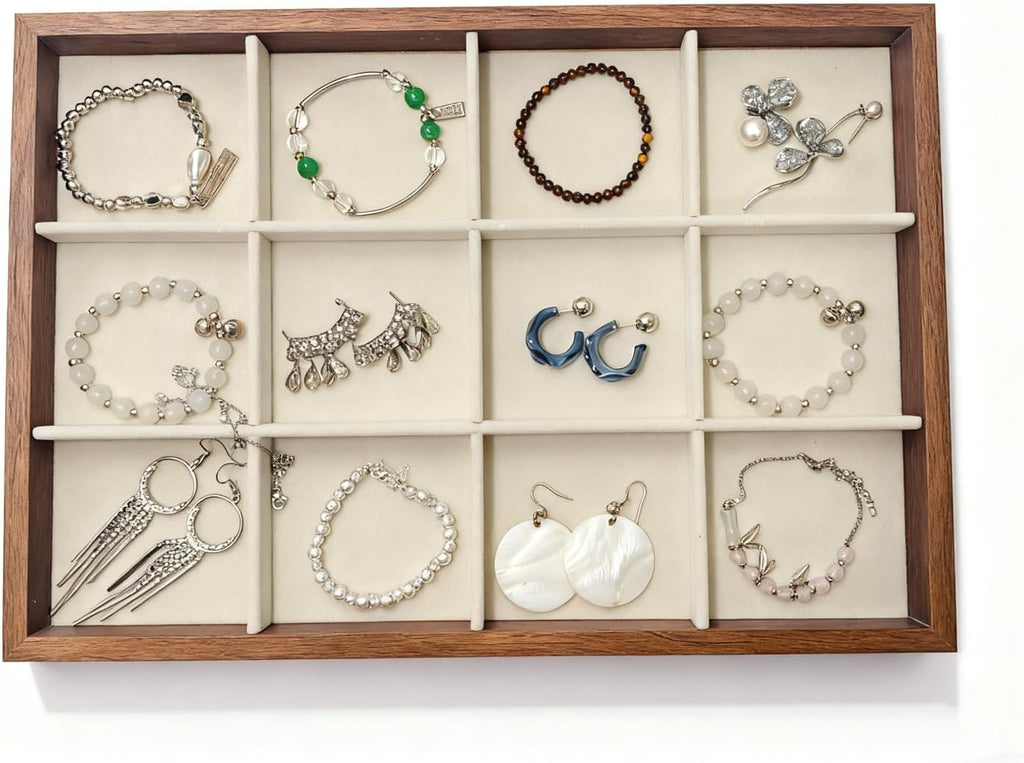 Large Jewelry Trays for Drawers Stackable Velvet Jewelry Display for Vendors Jewelry Drawer Organizer Inserts for Rings Necklace Bracelets Earrings and Studs Earring (Beige, 12 Grid)