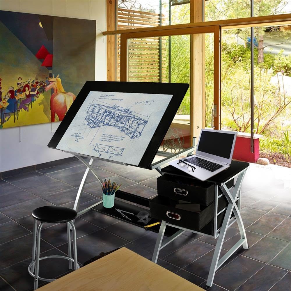 Yaheetech Drafting Table with Storage & Stool, Adjustable Art Drawing Des...