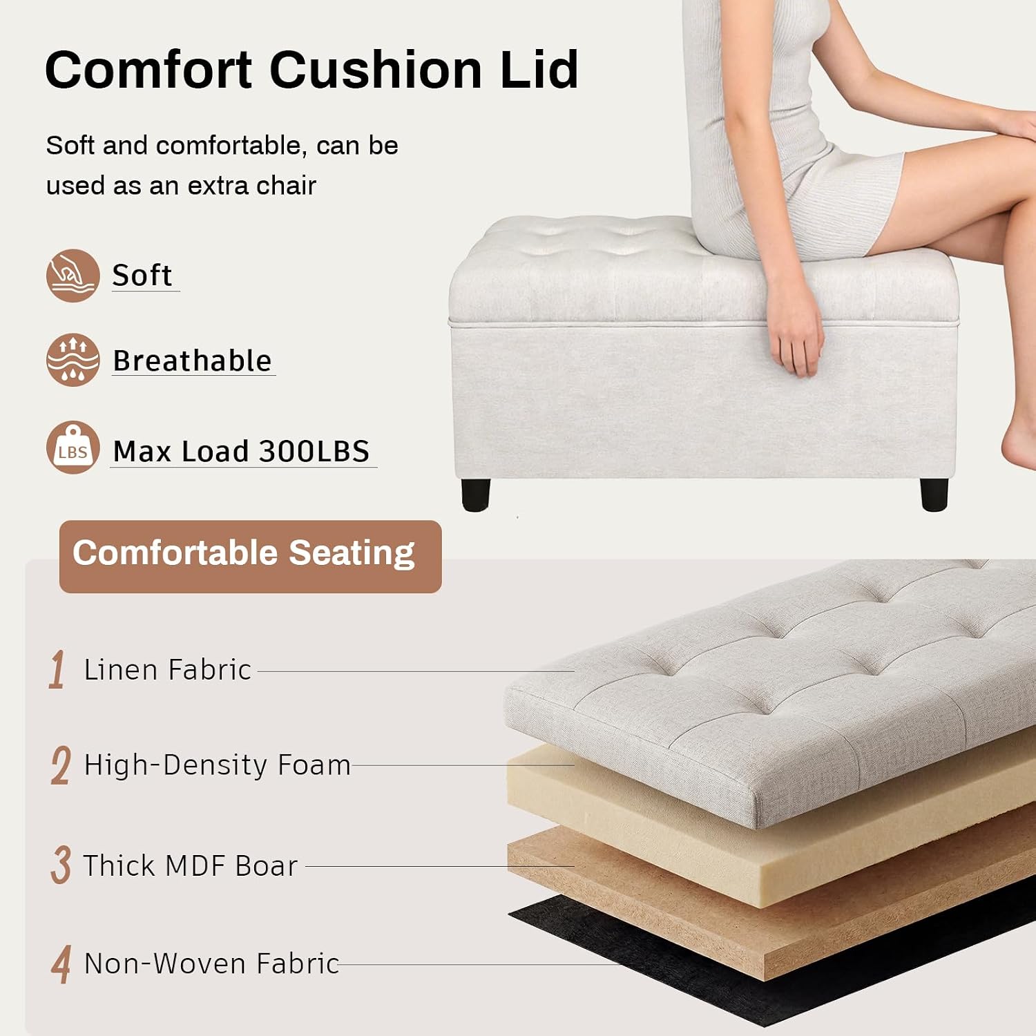 Storage Ottoman Bench 35 inch Linen Bench for Living Room | Multi-functional Ottoman with Storage with Hinged Lid for Bedroom End of Bed, Entryway Shoe Seat Easy Assembly, Linen Beige