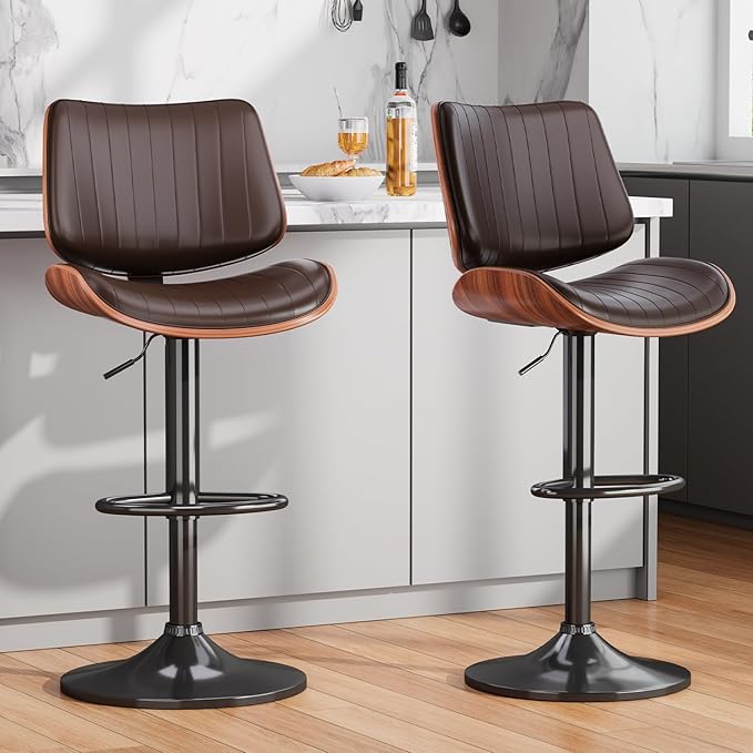 Swivel Bar Stools Set of 1, Adjustable Bentwood Barstools for Kitchen Counter, Modern PU Leather Upholstered Bar Chair with Back and Footrest, for Kitchen Island, Bar, Dining Room, Brown