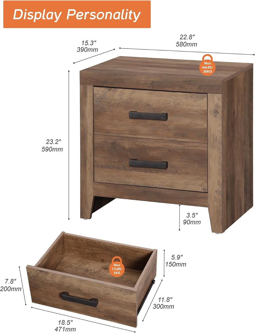 WAMPAT End Table with 2 Large Drawers, Wooden Side Table with Storage, Farmho...