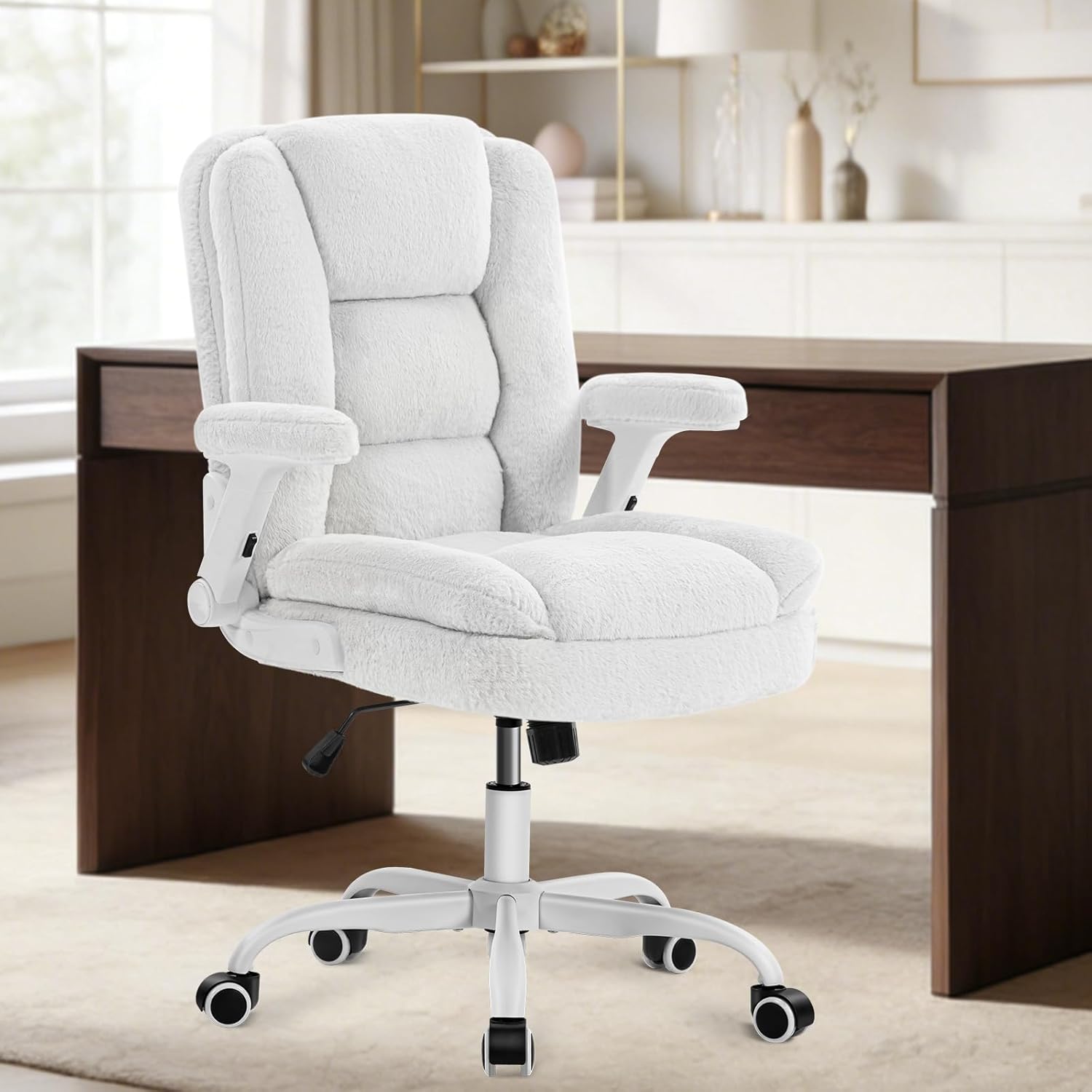 SEATZONE White Plush Office Chair Ergonomic Desk Chair with Lumbar Support, Flip-Up Arms, Adjustable Swivel Computer Chair with Wheels, Soft Fleece Cute Office Chair for Home Bedroom Vanity
