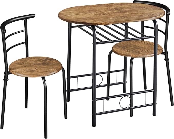 Yaheetech 3-Piece Dining Table Set, Breakfast Bistro Table Set for 2, Small Kitchen and Table Chairs Set of 2 with Metal Frame and Storage Rack for Small Space/Apartment/Dorm Room, Brown