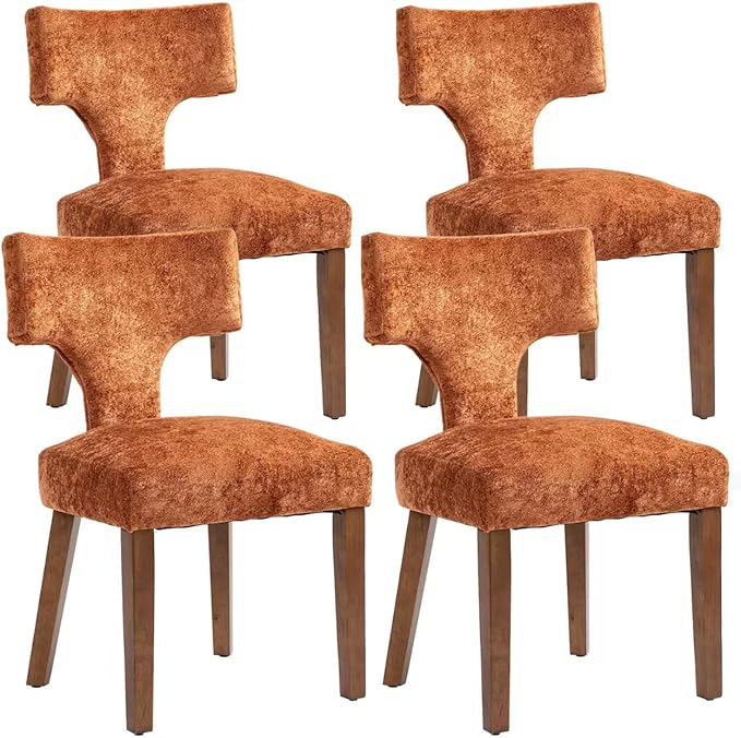 Soft Padded Dining Chairs Set of 4, Modern Farmhouse Upholstered Chairs with Linen Fabric & Rubber Wood Legs, Ergonomic Armless Seats for Dining Room Kitchen Living Room (Orange)