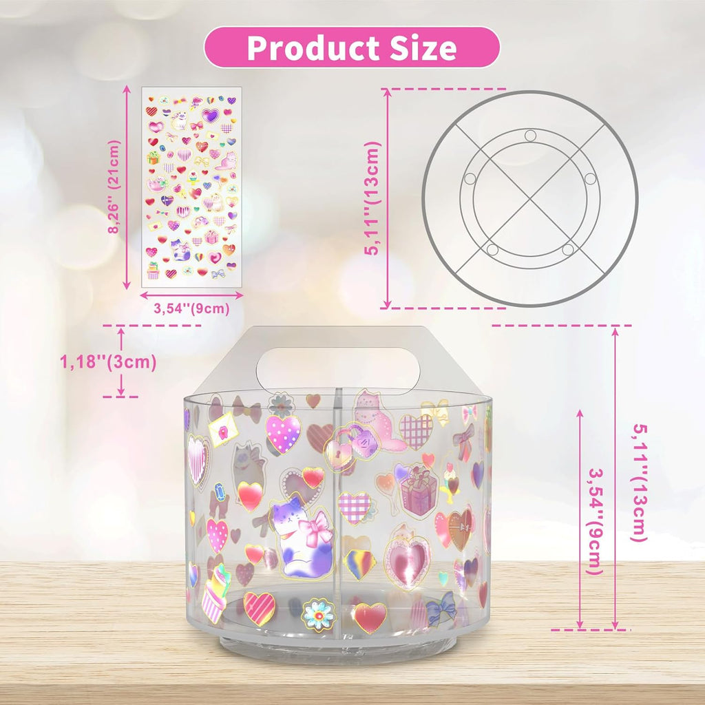 Acrylic Pencil Organizer for Desk 4 Compartments with Adhesive DIY Sticker, Rotating Art Supply Organizer with Kawaii Sticker Kids, Spinning Round Marker Small Supply Caddy