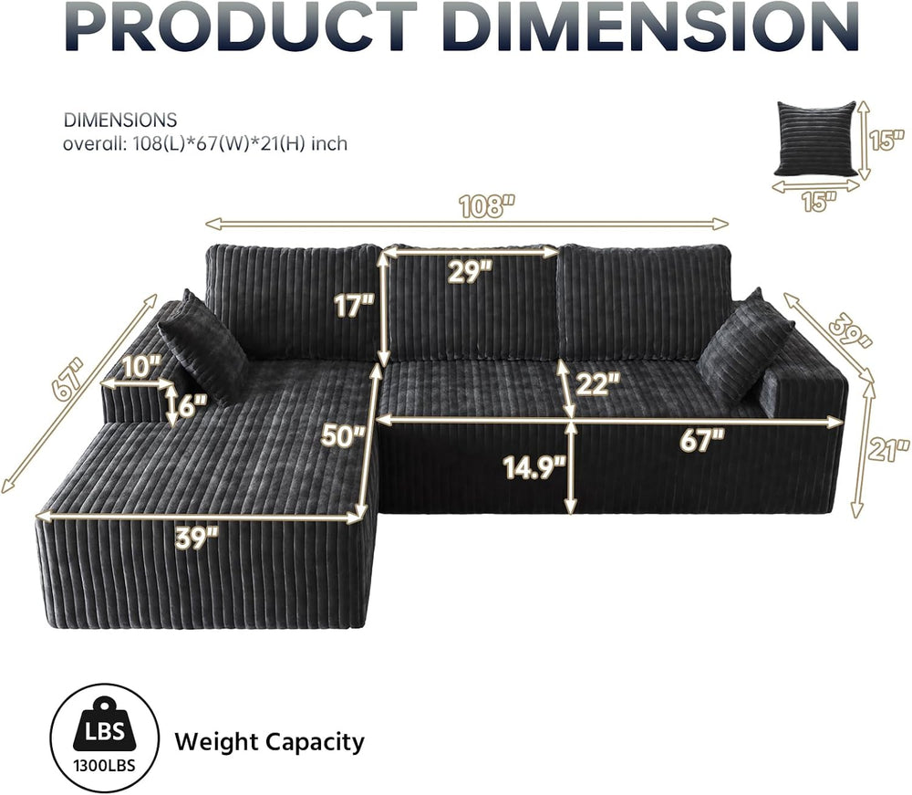 108" Modular Sectional Cloud Couch for Living Room Deep Seat L Shapes Co...