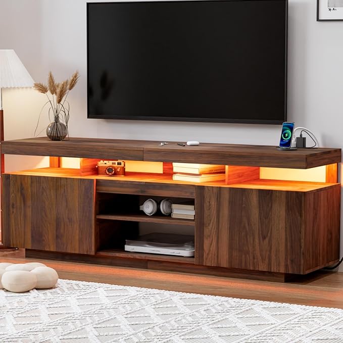 HOMMPA 75 Inch LED TV Stand, Modern Tall Entertainment Center with Power Outlets for Living Room, Bedroom, Walnut TV Console with Storage, Gaming Media Cabinet for 75/70/65/55 Inch TVs