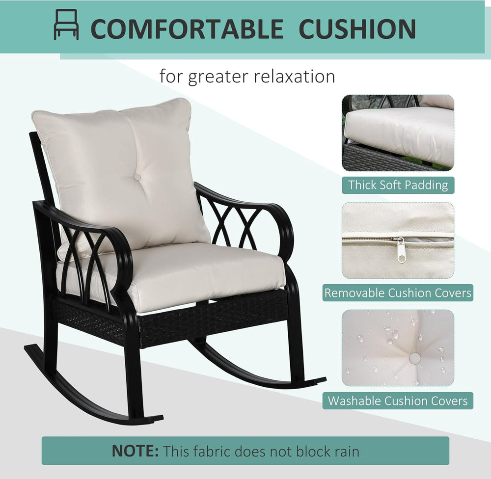 Outsunny Outdoor Wicker Rocking Chair with Padded Cushions, Aluminum Furnitur...