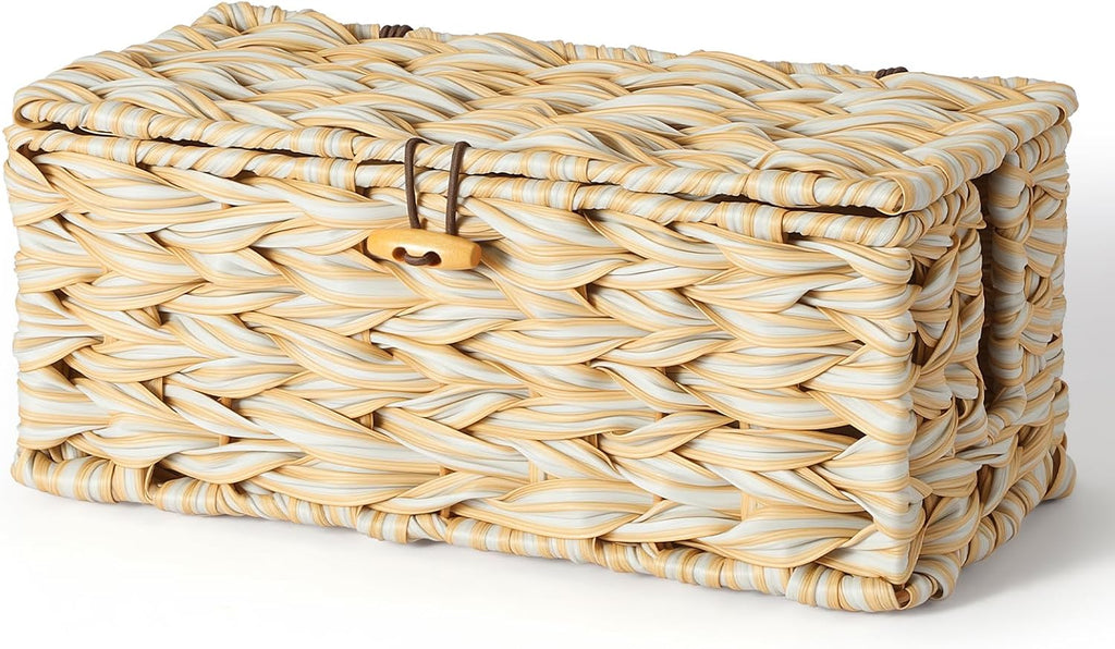 Delamu Handmade Synthetic Rattan Cable Management Box, Flat Weave Desk Organizer with Wire Management, Multi Purpose Cord Hider Box, 12.5" Lx 5.3" Wx 5.3" H, Natural & White