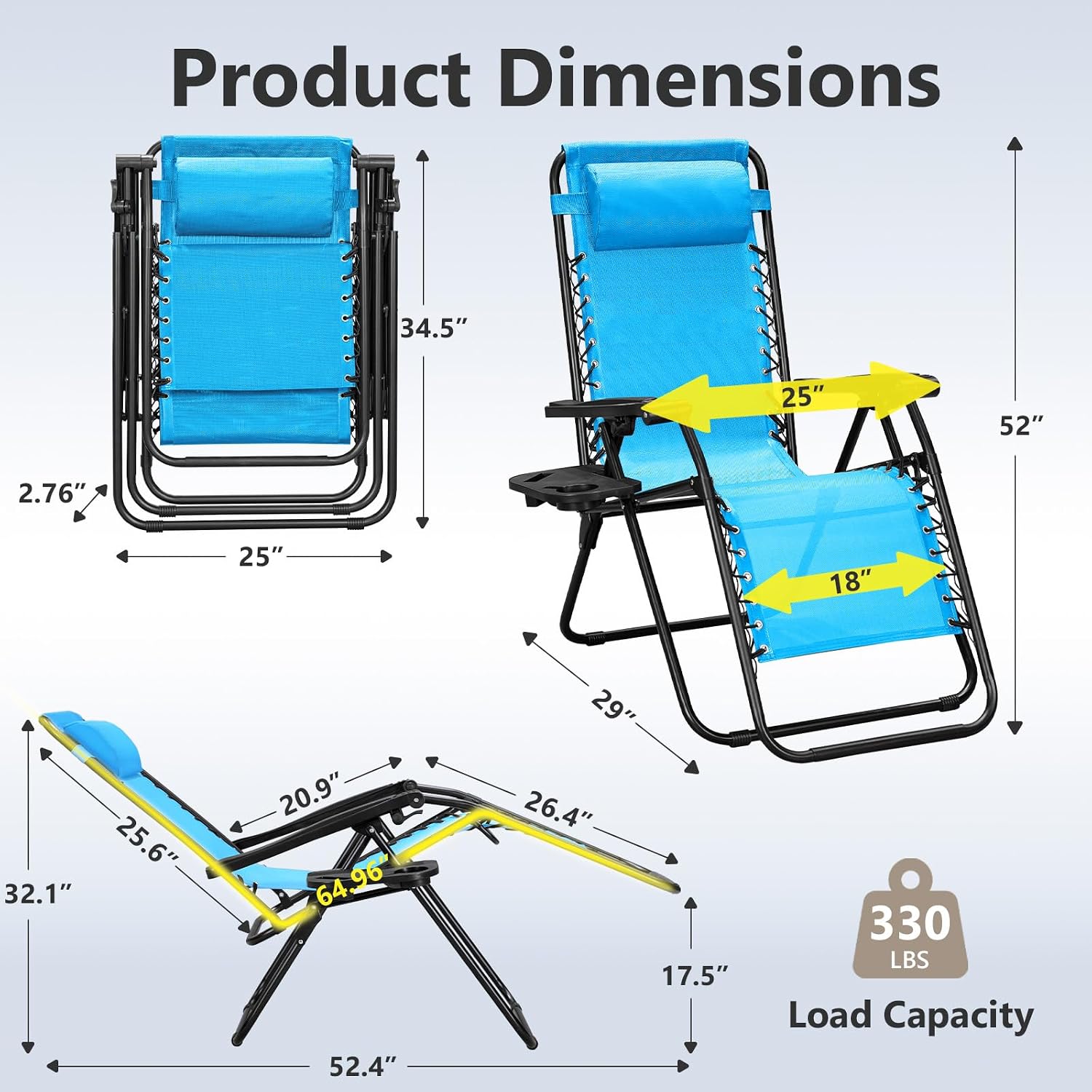 Zero Gravity Chairs Set of 2, Adjustable Lounge Chair Outdoor Recliner, Folding Reclining Lawn Chair, Anti Gravity Chair with Pillow & Cup Holder for Pool Camping Sunbathing Beach Patio (Sky Blue)
