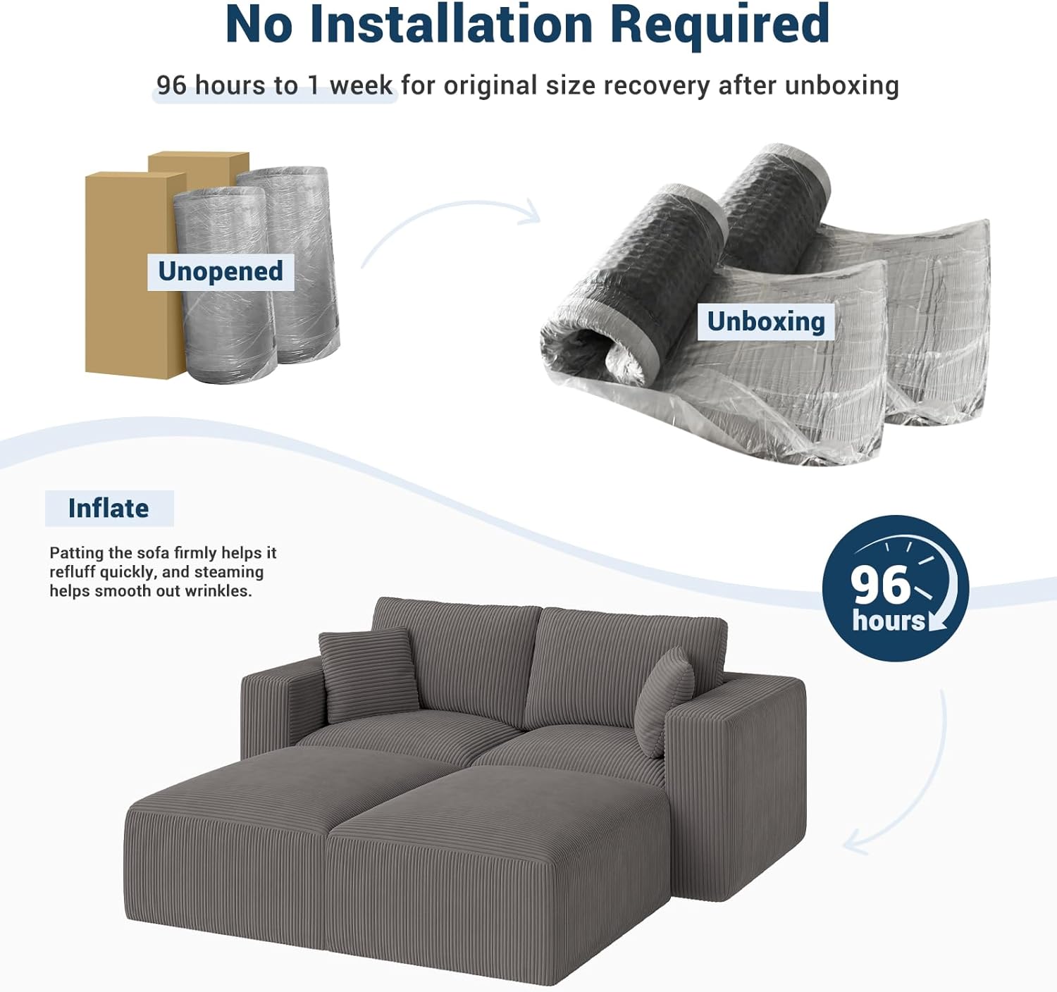 Modular Sleeper Sofa Bed Modern Sectional Couches for Living Room - 79" Boneless Cloud Couch - No Assembly Required Corduroy Convertible Sponge Compression Sofas with Chaise for Home House(Grey)