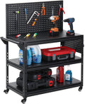 Workbench with Dual Pegboards 3-Tier Adjustable Rolling Work Table Heavy Duty Metal Tool Bench with Push Handle & Wheels Mobile Workstation for Garage, Workshop, Warehouse
