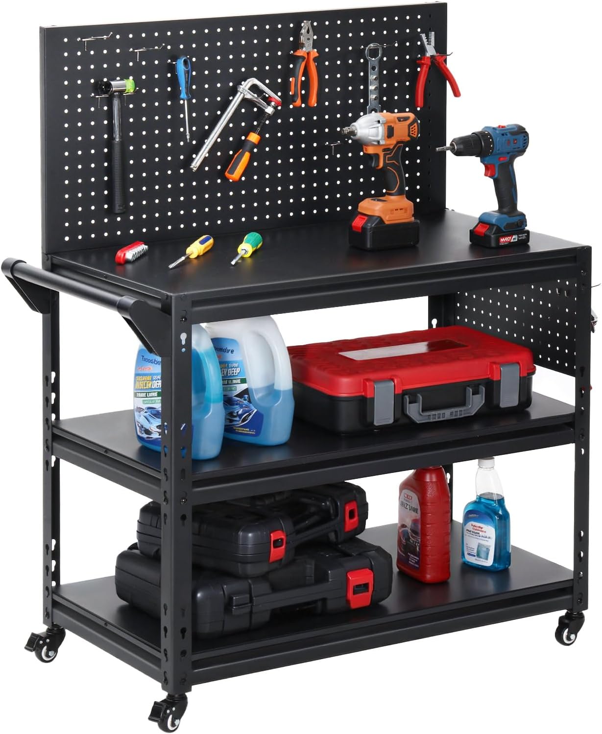 Workbench with Dual Pegboards 3-Tier Adjustable Rolling Work Table Heavy Duty Metal Tool Bench with Push Handle & Wheels Mobile Workstation for Garage, Workshop, Warehouse