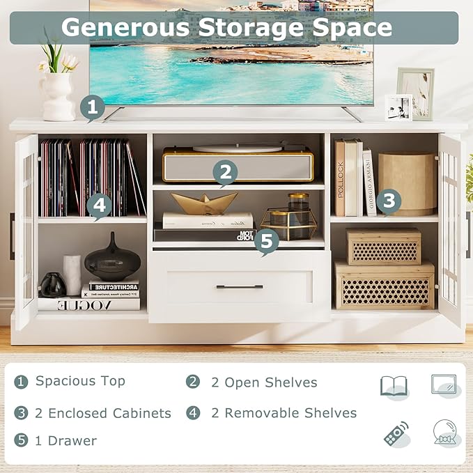 GOFLAME Farmhouse TV Stand for TVs up to 70", Entertainment Media Center Storage Cabinet with Glass Doors, Open Shelves & Drawer, Wooden Television Console Table for Living Room (White)
