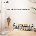 STO STO Expandable Shoe Organizer, 1-Tier Metal Shoe Rack for Closet, Up to 8 Pairs Adjustable Storage for Front Door Entrance, Free Standing Organizer for Entryway, Black