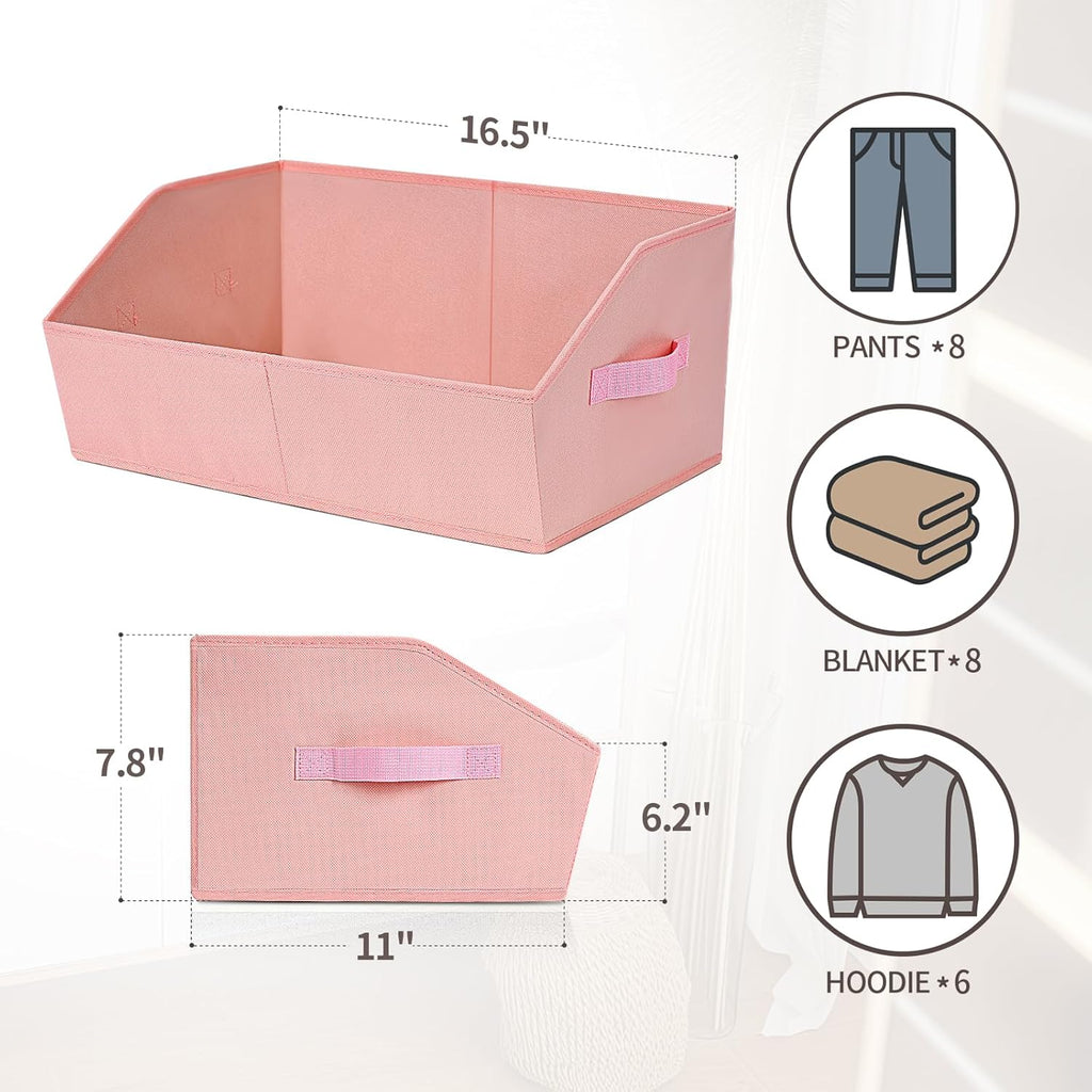 Closet Baskets for Shelves Trapezoid - Decorative Storage Baskets with Handle, Closet Bins for Organization, Shelf Storage Bins for Clothes, Books, Home, Office, 6 Pack, Pink
