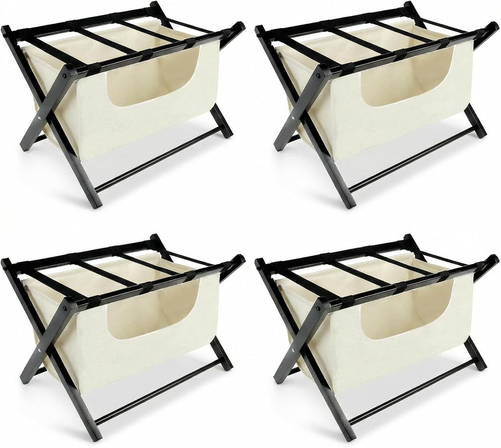 Bluecat Folding Luggage Rack 4 Pack with Detachable 43L Laundry Bag, 150Lbs Solid Wood Suitcase Stand, Space-Saving Luggage Holder for Guest Room Hotel Bedroom Entryway, Black