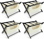 Bluecat Folding Luggage Rack 4 Pack with Detachable 43L Laundry Bag, 150Lbs Solid Wood Suitcase Stand, Space-Saving Luggage Holder for Guest Room Hotel Bedroom Entryway, Black
