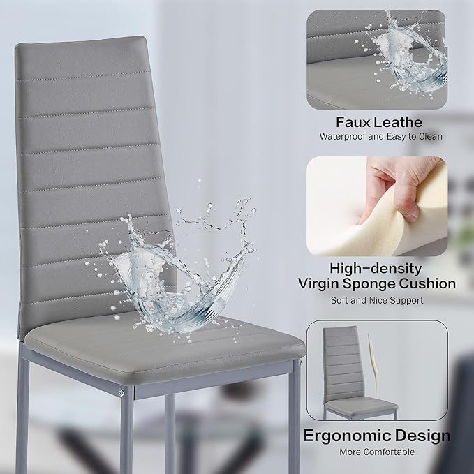 PU Dining Chairs Set of 4, Modern Kitchen & Dining Room Chairs Faux Leather Upholstered Dinner Chairs with Metal Legs for Small Space (Gray, Horizontal line)