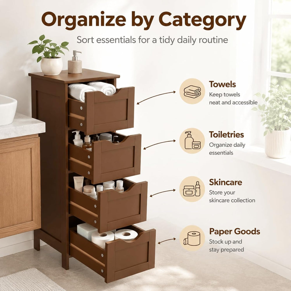 VINGLI 4-Drawer Bathroom Storage Cabinet, Slim Freestanding Floor Cabinet Org...