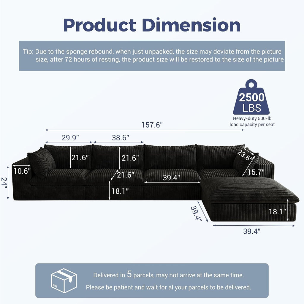 157.6" Oversized L Shaped Modular Boneless Sofa with Ottoman, Cloud Sectional Couches for Living Room, Deep Seat Corduroy Upholstered Couch Furniture Set, No Assembly Required (4 Seater+1 Ottoman)