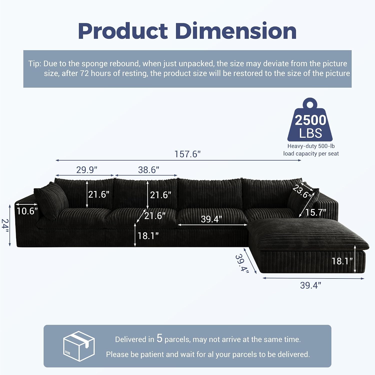 157.6" Oversized L Shaped Modular Boneless Sofa with Ottoman, Cloud Sectional Couches for Living Room, Deep Seat Corduroy Upholstered Couch Furniture Set, No Assembly Required (4 Seater+1 Ottoman)