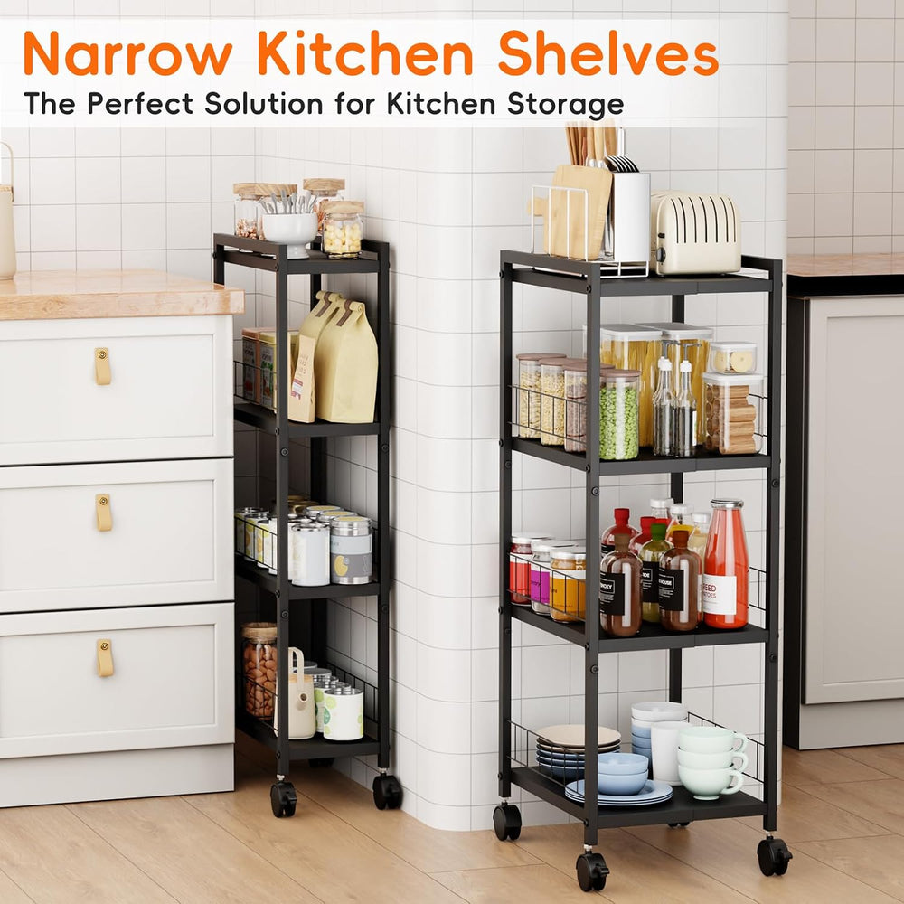 Expandable Slim Storage Cart with Wheels, 4 Tier Narrow Metal Rolling Utility...