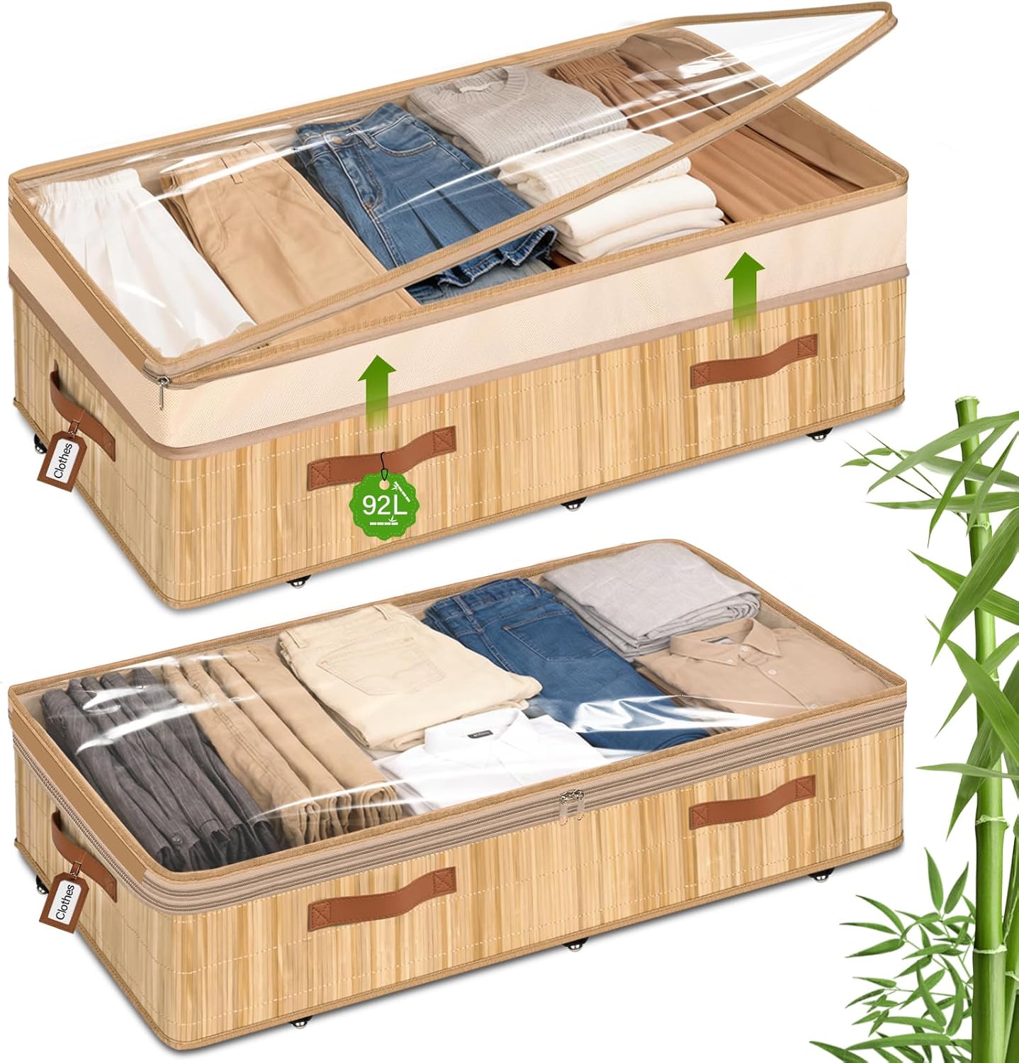 Livole Bamboo Under Bed Storage with Wheels, 6-10 inches Height Adjustable Underbed Storage Containers, 92L XXXL Large Rolling Under Bed Storage Bins for Clothes, Blankets, Sweater, Shoes, 1 Pack