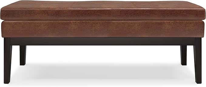 SIMPLIHOME Carlson Ottoman Bench in Distressed Saddle Solid Hardwood Frame with Vegan Faux Leather Upholstery, Vintage-Inspired Seating for Living Room, 44.5" Wide, Brown
