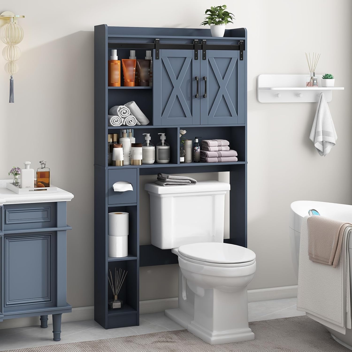 Vabches Over The Toilet Storage Cabinet, Farmhouse Storage Cabinet Over Toilet with Sliding Doors，Home Space-Saving Toilet Rack, for Bathroom, Restroom, Laundry