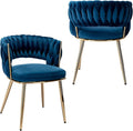 KCC Modern Velvet Dining Chairs Set of 2, Upholstered Living Room Chair with Woven Back and Golden Metal Legs, Mid-Century Accent Side Chair for Dining Room, Kitchen, Blue