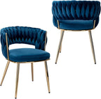 KCC Modern Velvet Dining Chairs Set of 2, Upholstered Living Room Chair with Woven Back and Golden Metal Legs, Mid-Century Accent Side Chair for Dining Room, Kitchen, Blue