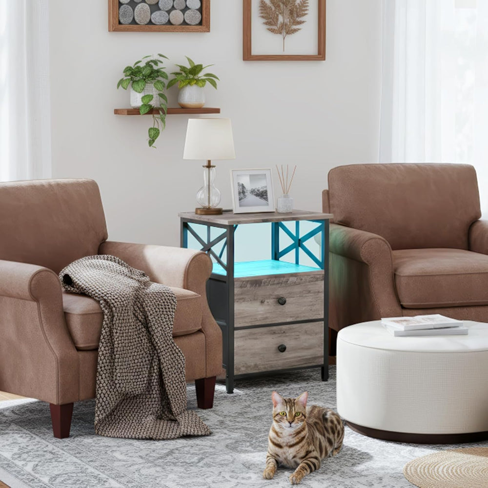 AMHANCIBLE Nightstands Set of 2 with Charging Station and LED Lights | Large ...